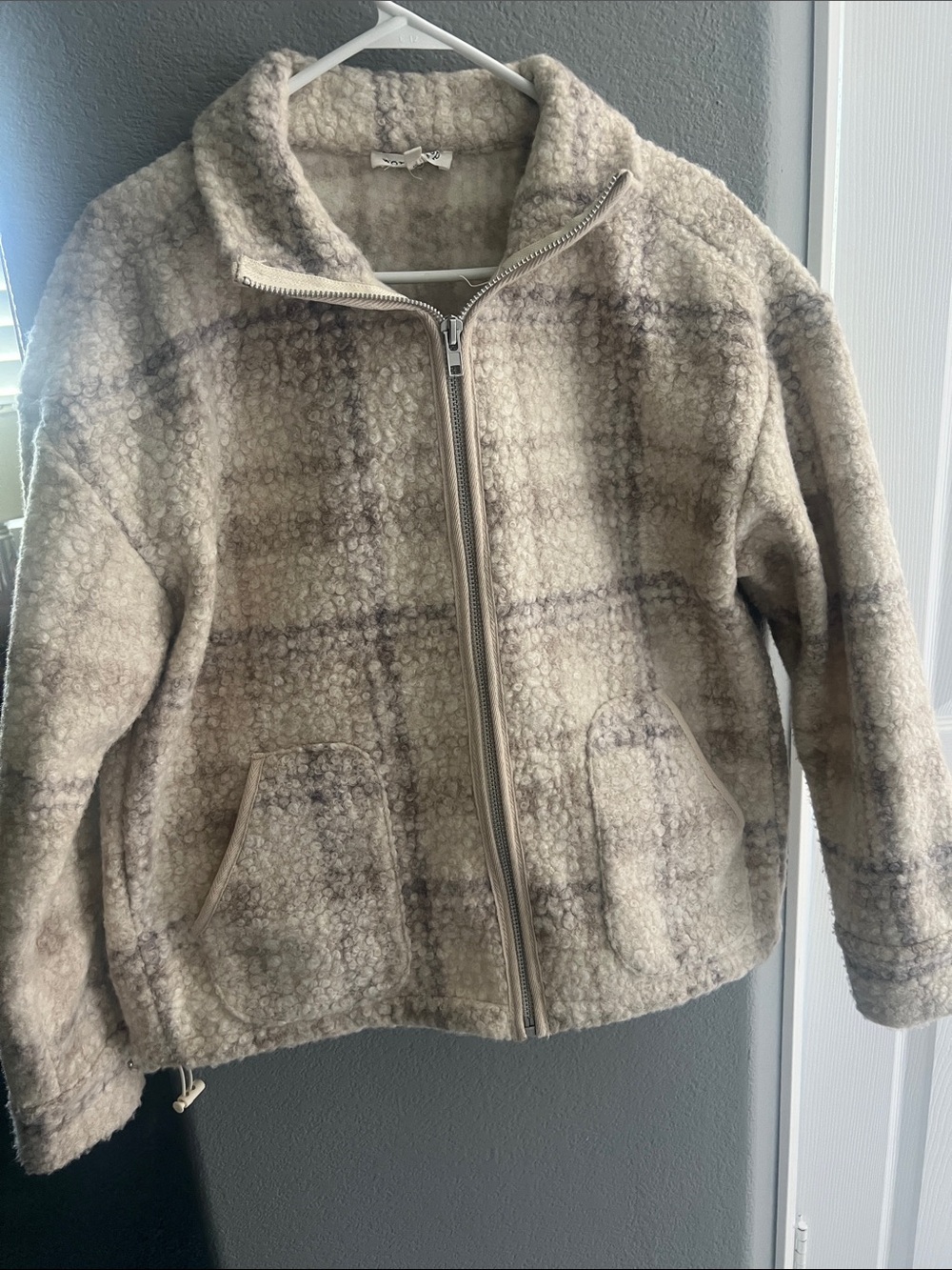 Workshop Republic Clothing Beige Plaid Sherpa Zip Jacket